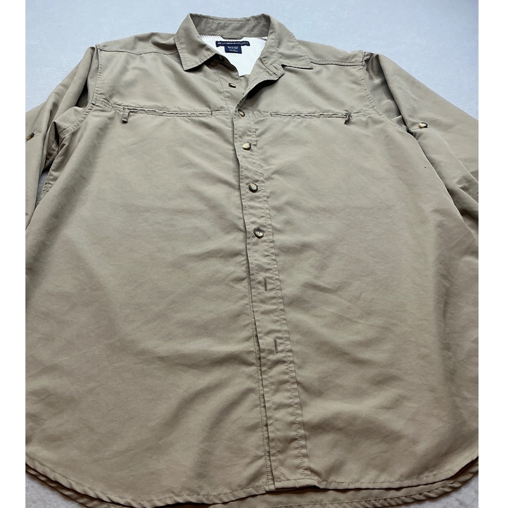ExOfficio Mens Long Sleeve Ripstop Fishing Hiking Shirt Tan Khaki Large Utility